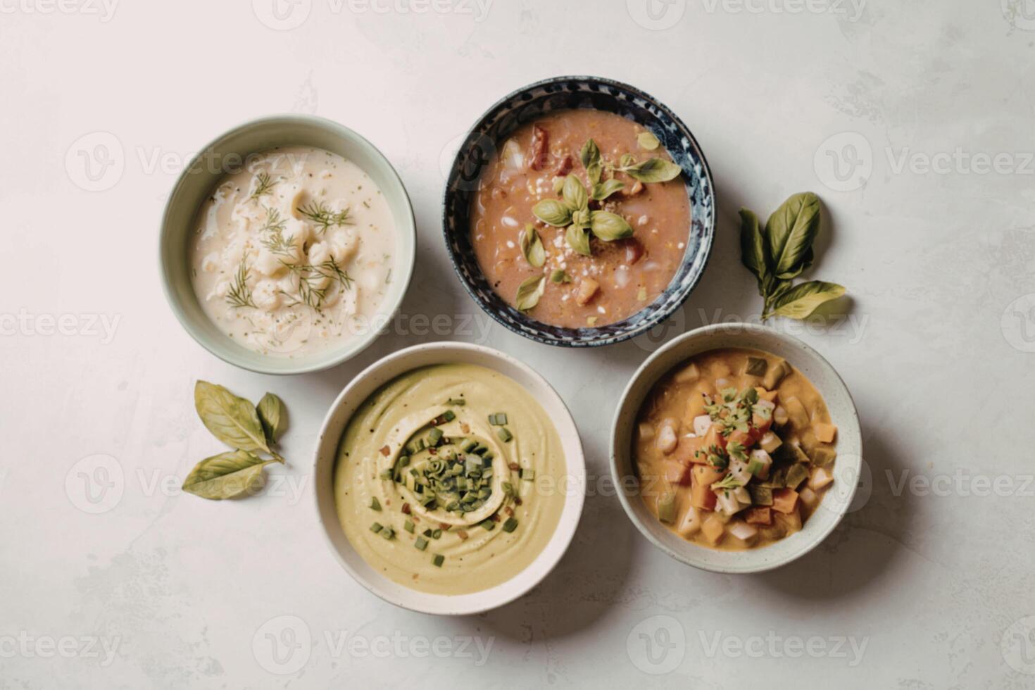 A photograph of four distinct bowls of soup photo