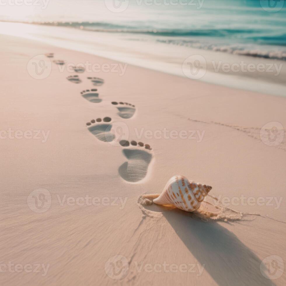 Footprints on the sand of a beach with a shell photo