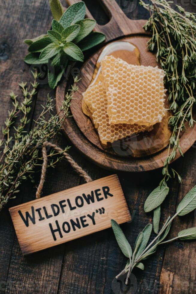 Wildflower honey on wooden table with herbs photo
