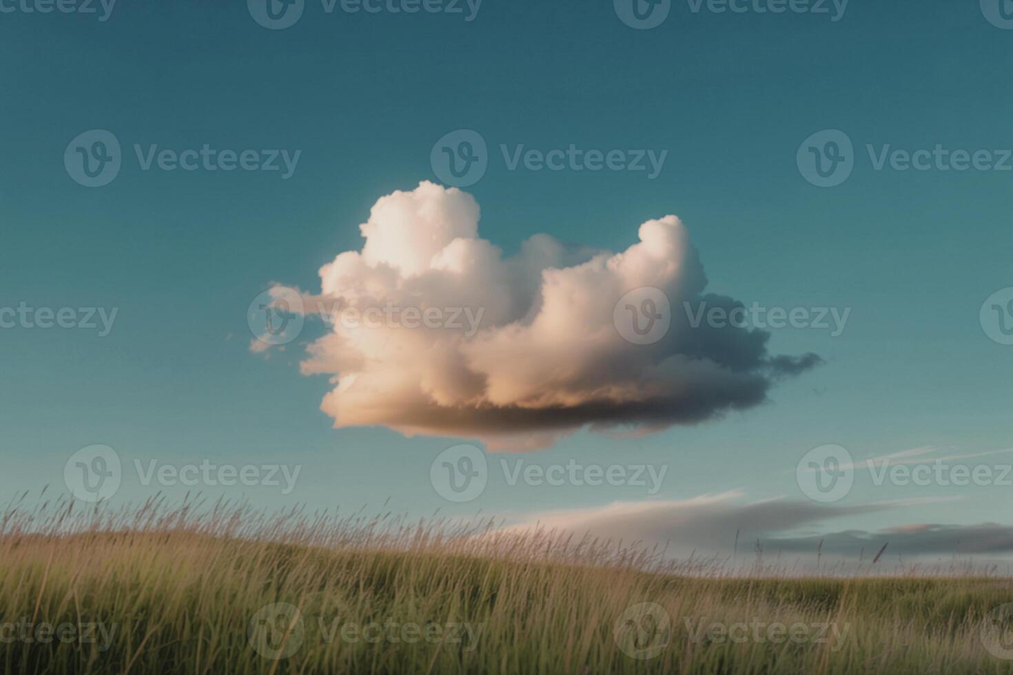 A photograph of a fluffy cumulus cloud drifting lazily across a vibrant azure sky photo