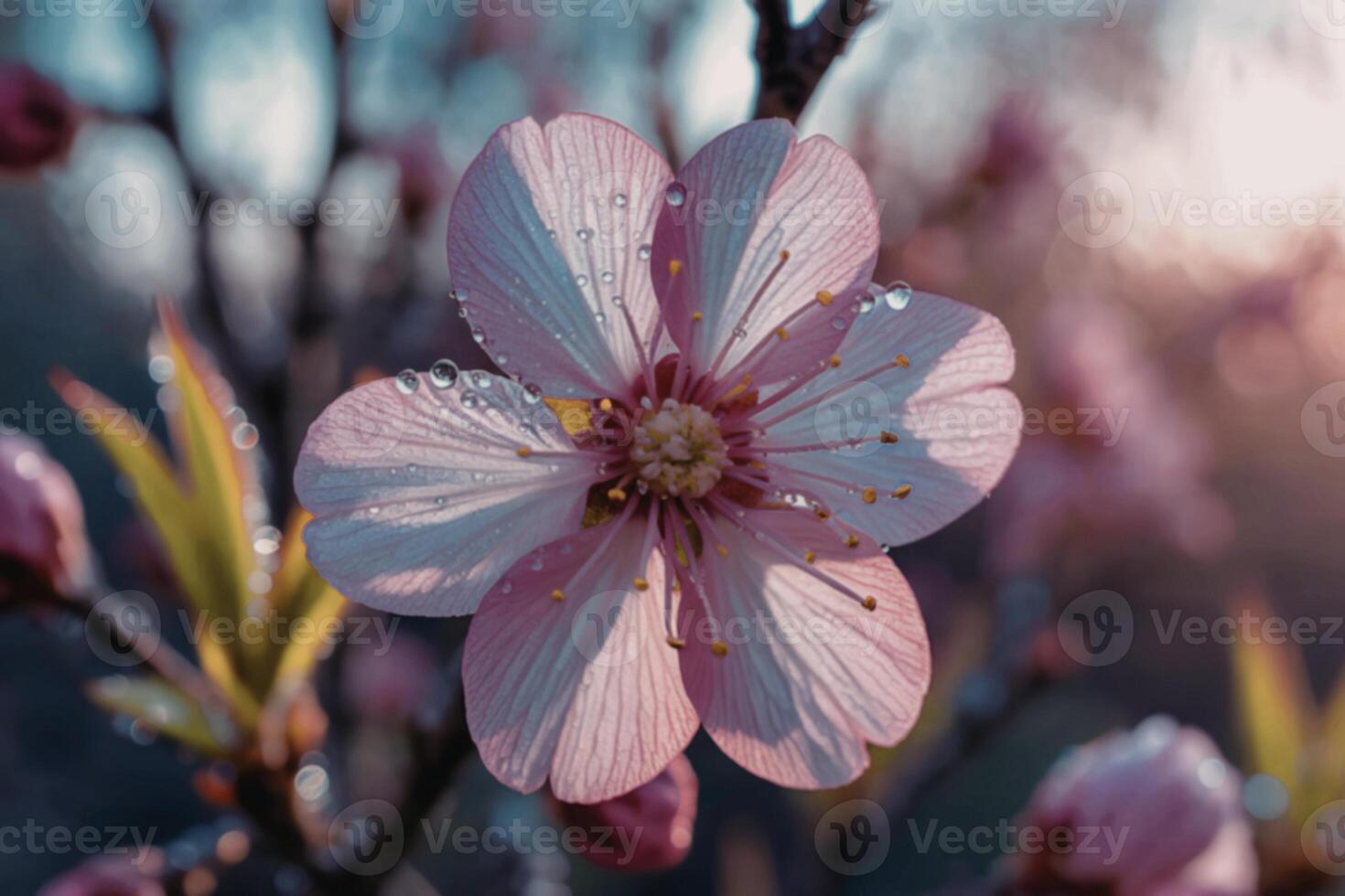 A pink flower is shown in front of a tree photo