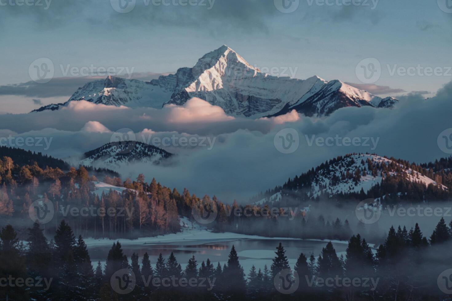 a snow-capped mountain peak piercing through a sea of clouds photo