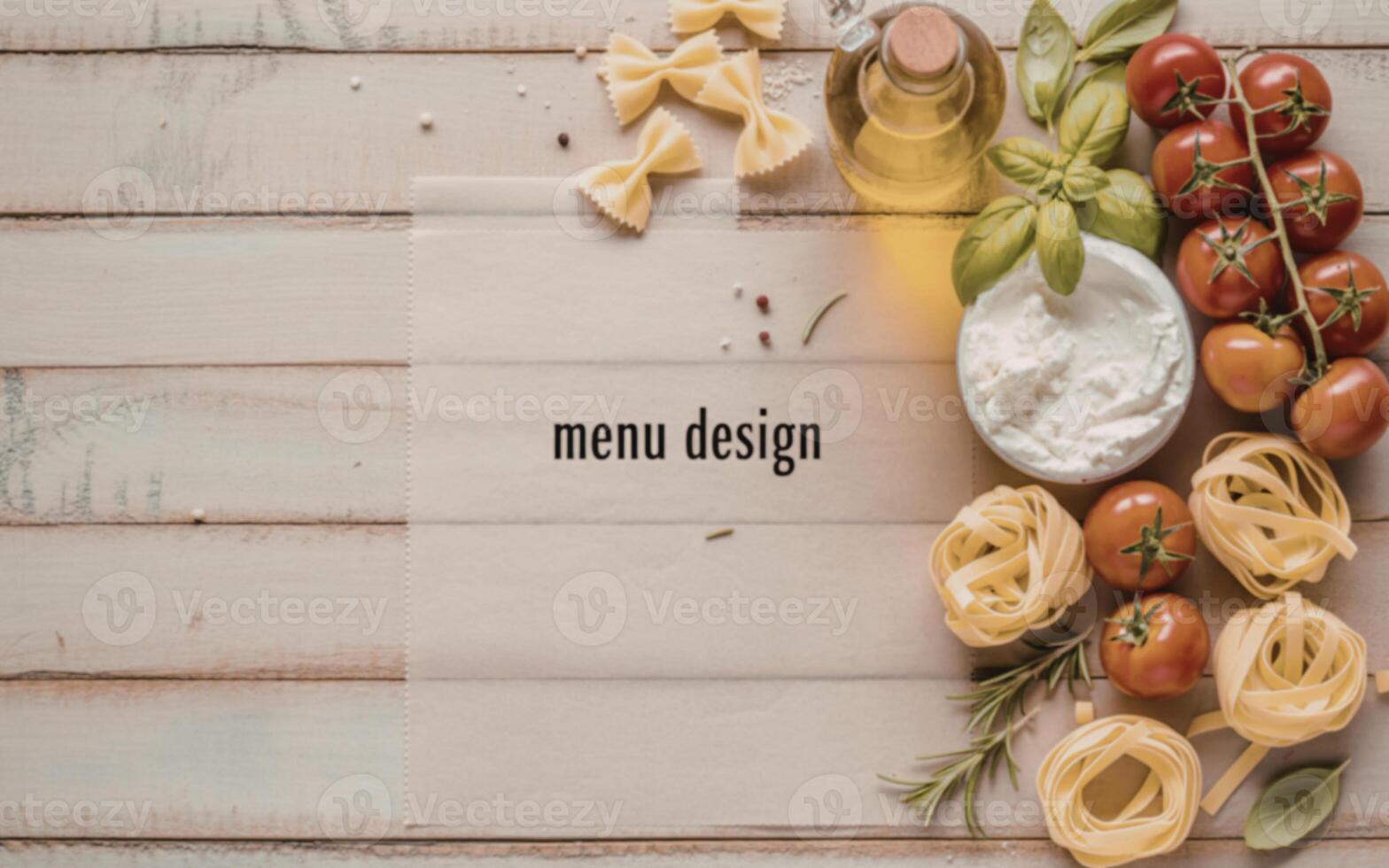 Menu design with pasta, tomatoes, basil and olive oil photo