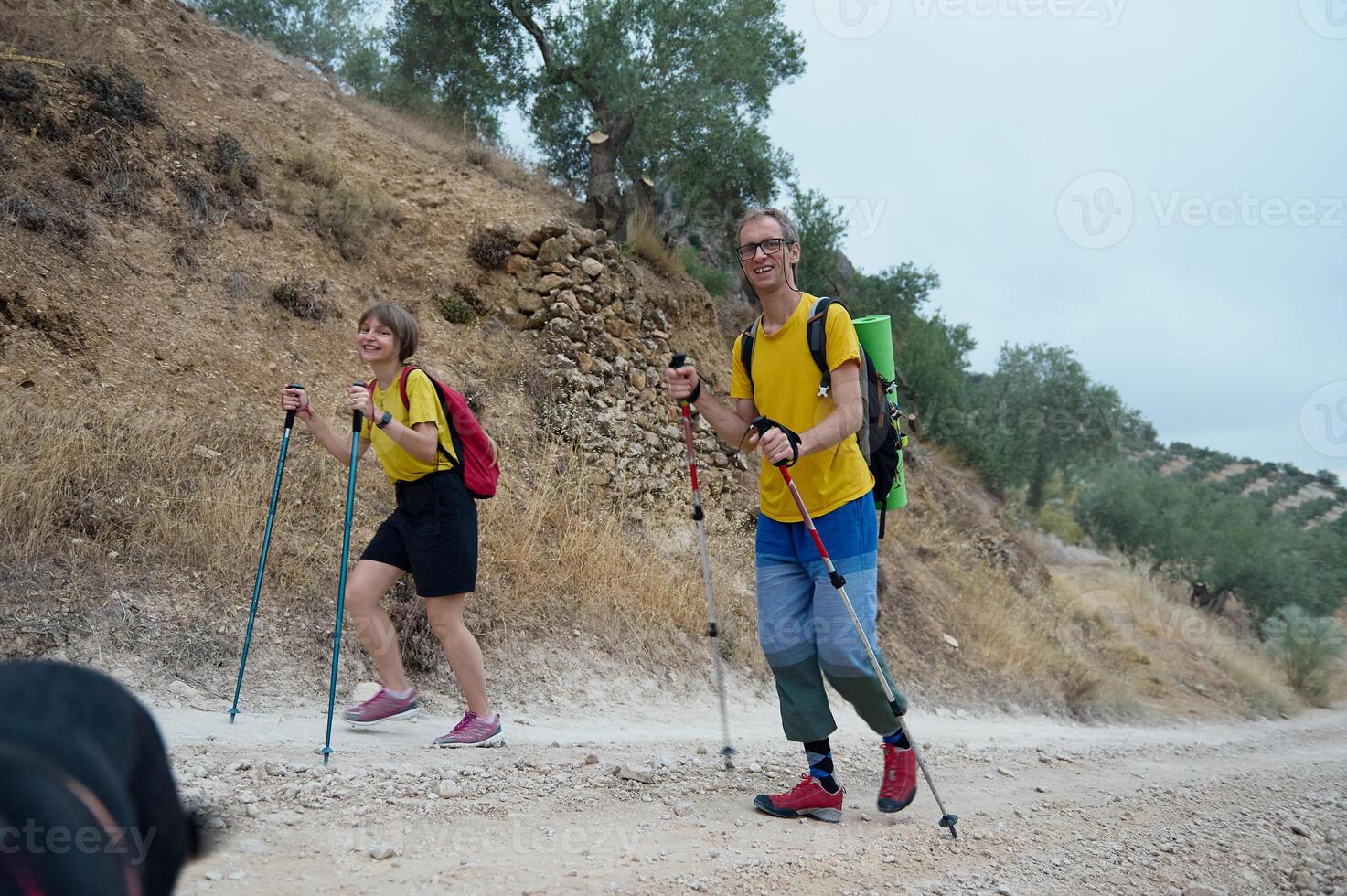 Happy Couple Hiking in Scenic Mountain Trail with Trekking Poles photo