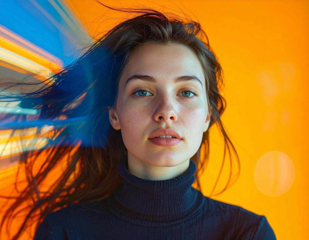 dynamic portrait of a beautiful woman model in front of a orange Background in a studio indoors photo