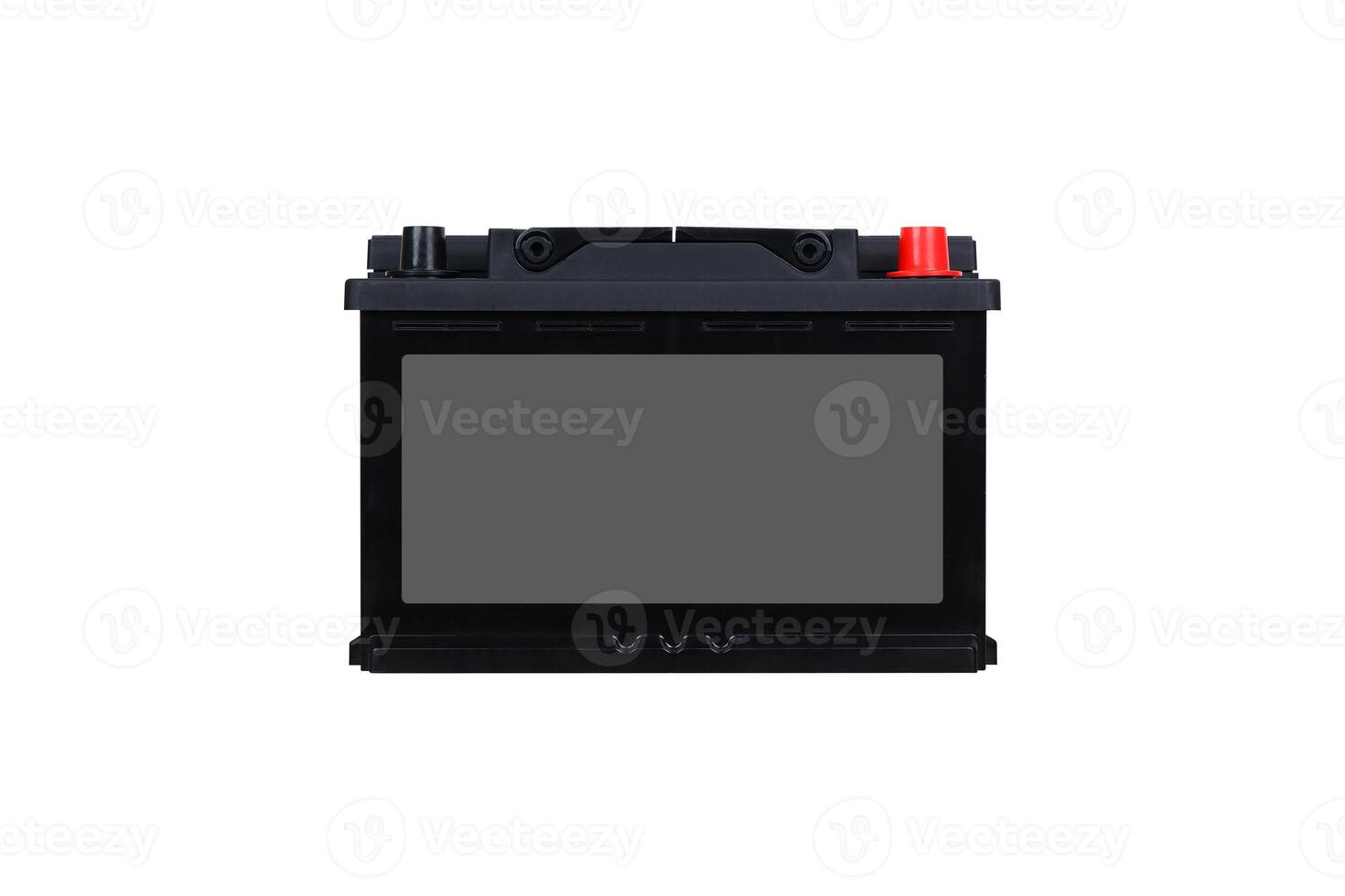 12V car battery with blank grey label, vehicle power source, automotive battery, isolated on white background include clipping path photo