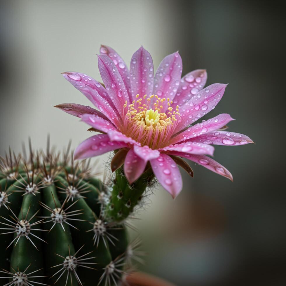 Detailed Cactus Flower with Raindrops and Bokeh Background A Floral Masterpiece. photo