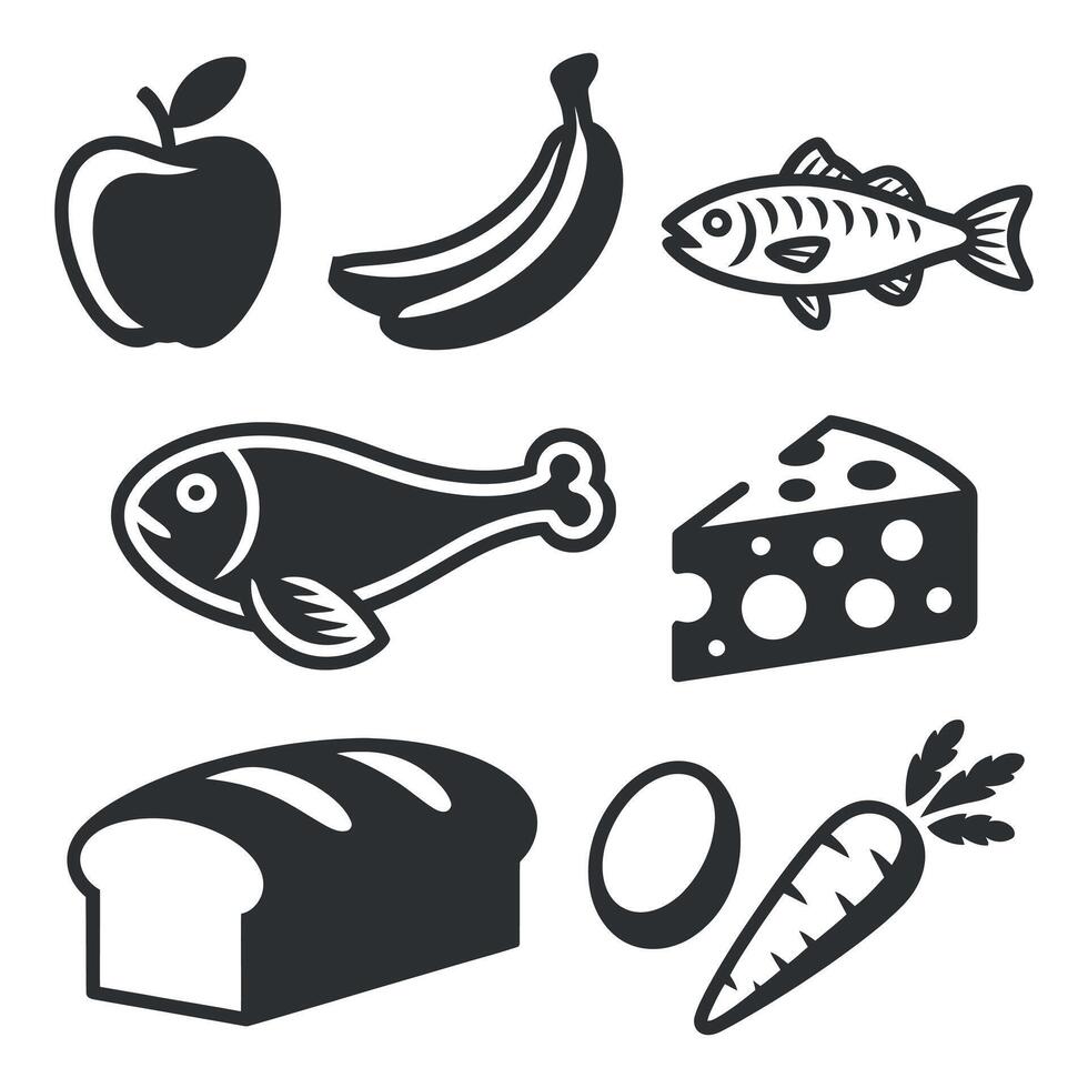 Nutritious Food Collection A Diverse Selection of Healthy Eating Icons Featuring Fruits, Vegetables, Proteins, and Grains for Balanced Diet and Wellness vector