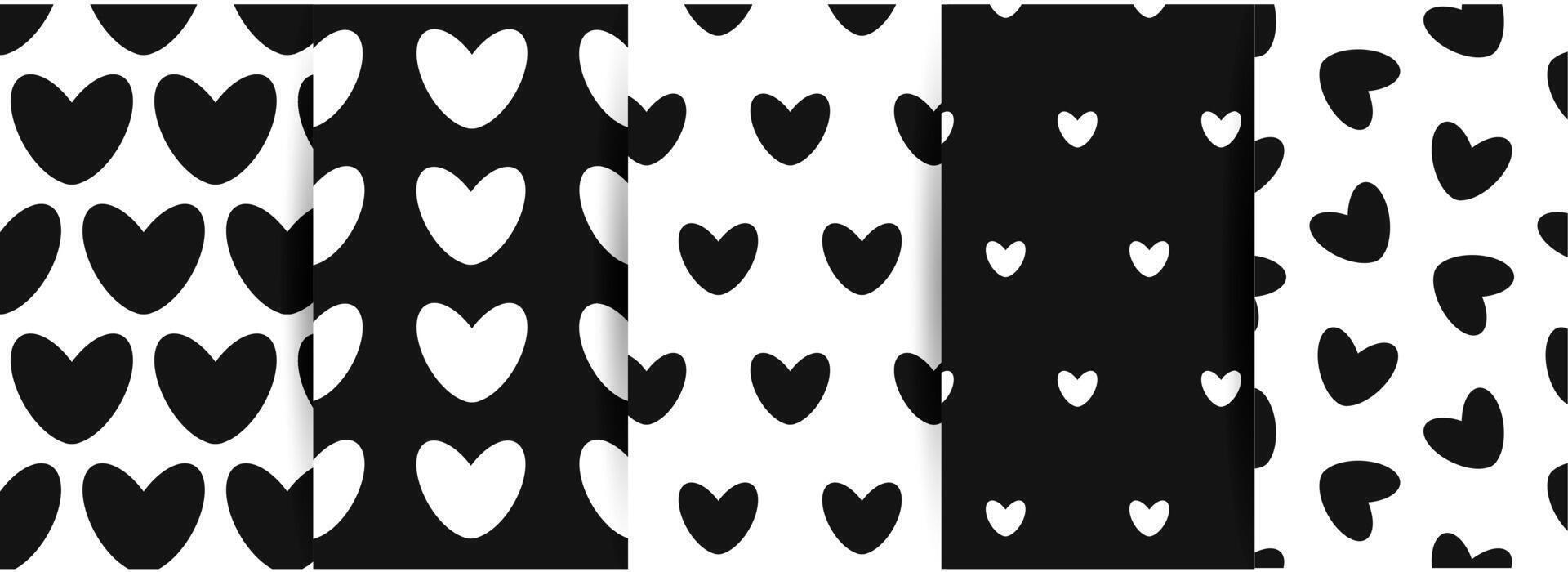 Romantic Heart Seamless Patterns in Black and White vector