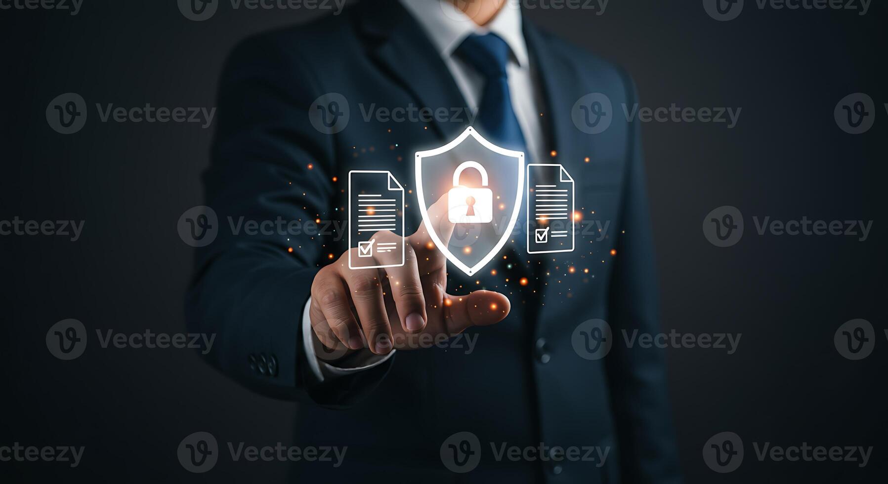 Business Professional Interacts with Digital Shield Protecting Sensitive Documents and Data Security Concepts photo