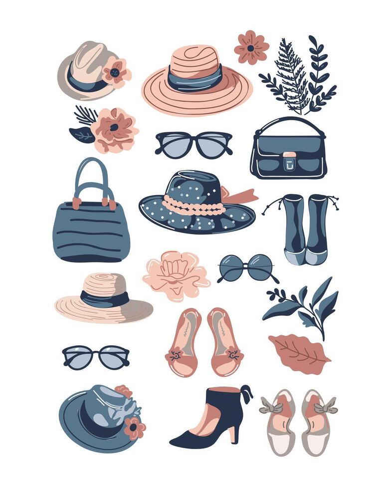 Stylish collection of hats, bags, and shoes, feminine accessories, soft colors vector