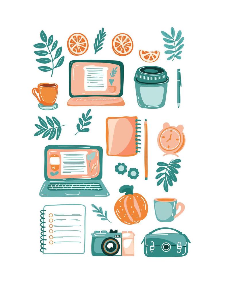Work essentials illustration with a laptop, coffee cup, and planner, pastel colors vector
