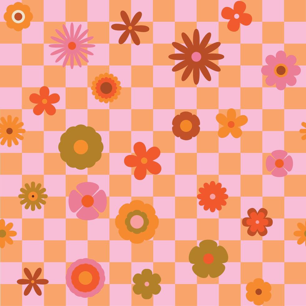 Seamless retro groovy checkered pattern with floral elements. Simple 1970s-style flowers in a doodle design. Perfect for fabric, wrapping paper, wallpaper, vector