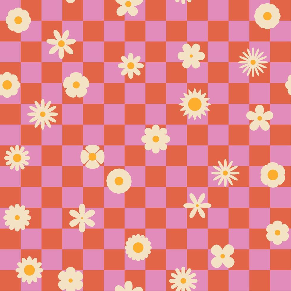 Seamless retro groovy checkered pattern with floral elements. Simple 1970s-style flowers in a doodle design. vector