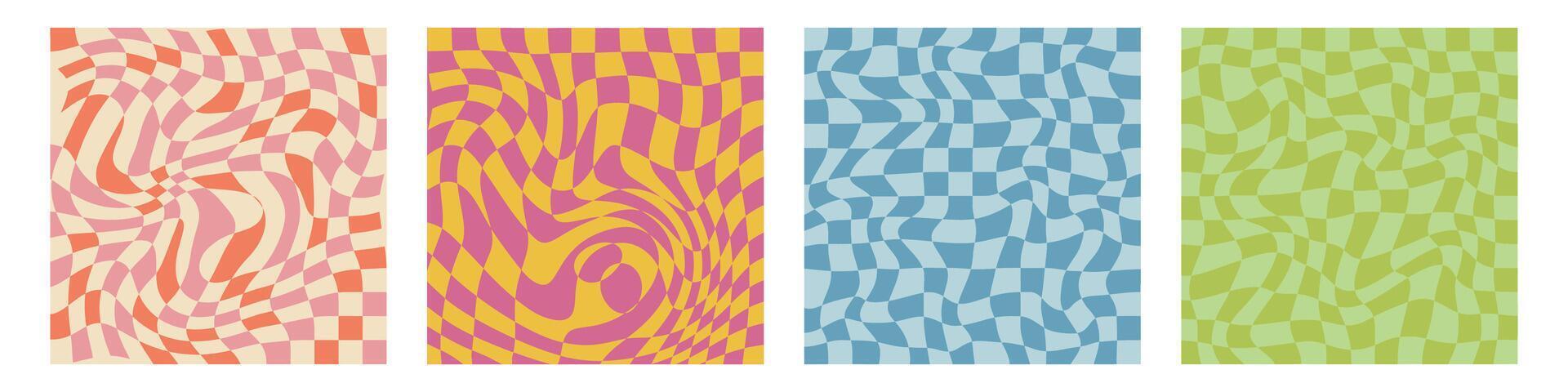 Groovy 70s hippie backgrounds featuring checkerboard,mesh, and wavy patterns. Gingham wallpaper collection, perfect for print templates. Retro 60s and 70s psychedelic design with a Y2K aesthetic. vector