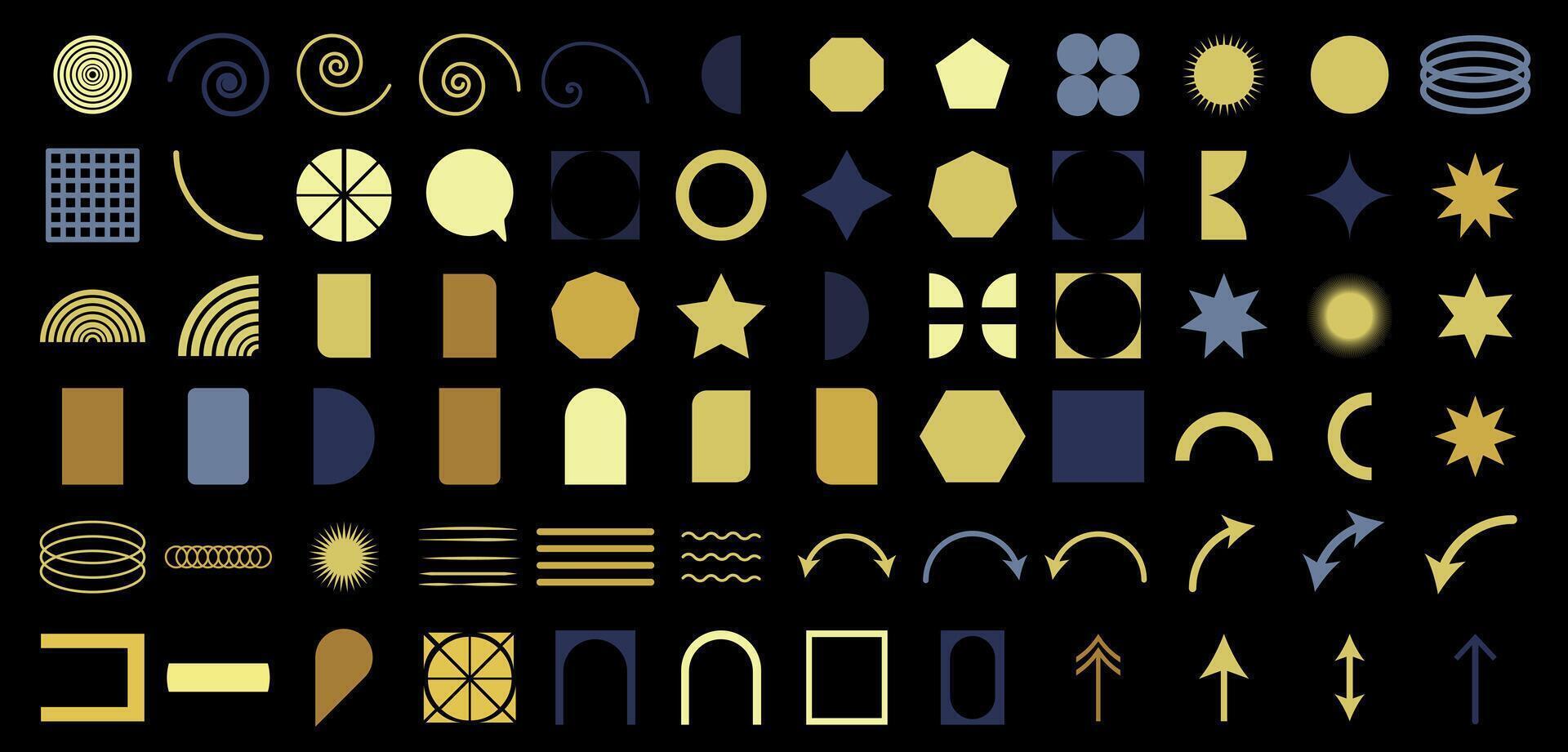 A set of geometric shapes and symbols on a black background vector