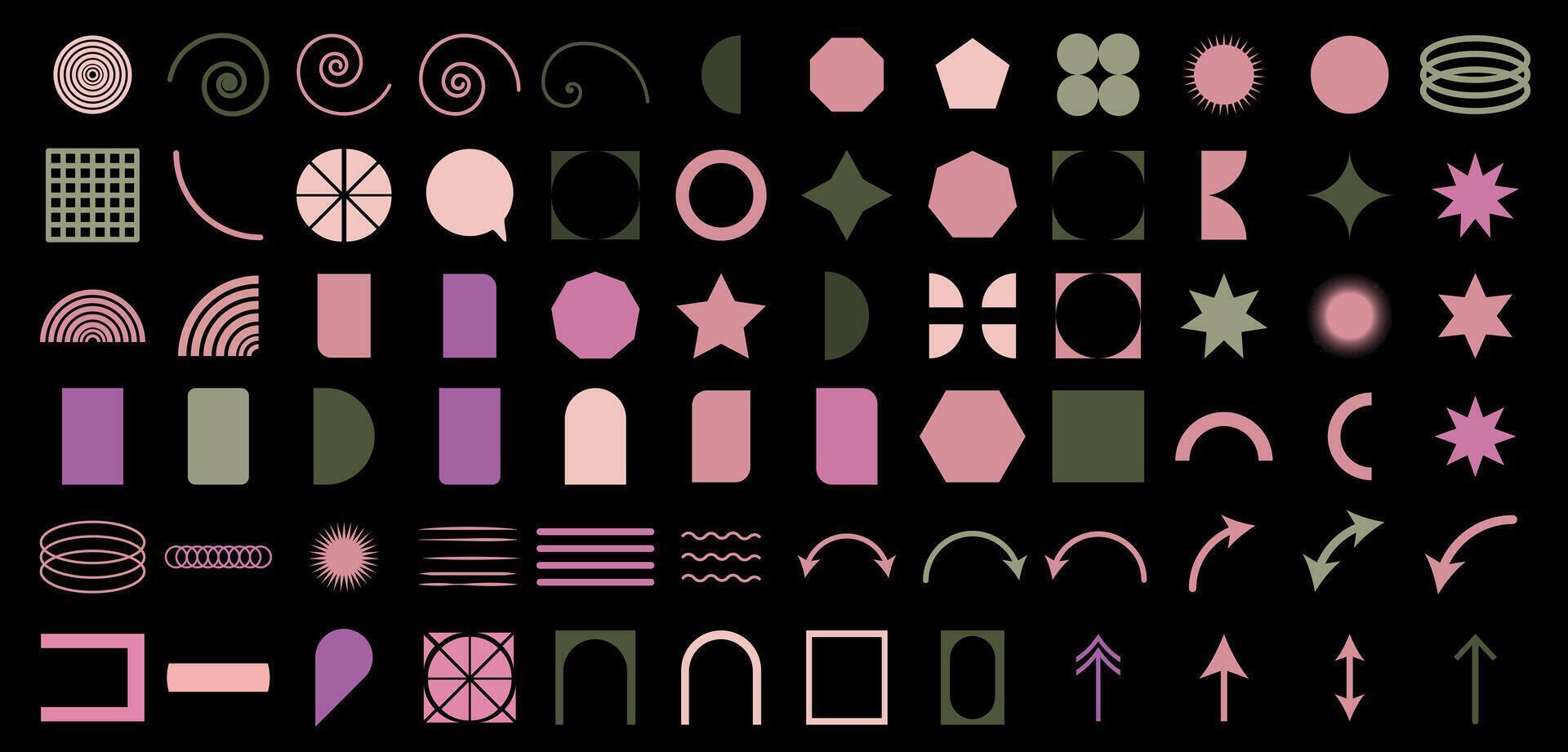 A set of different shapes and symbols on a black background vector