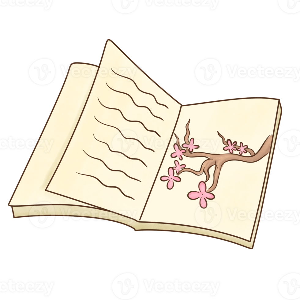 An open Japanese sketchbook with cherry blossom drawings inside png