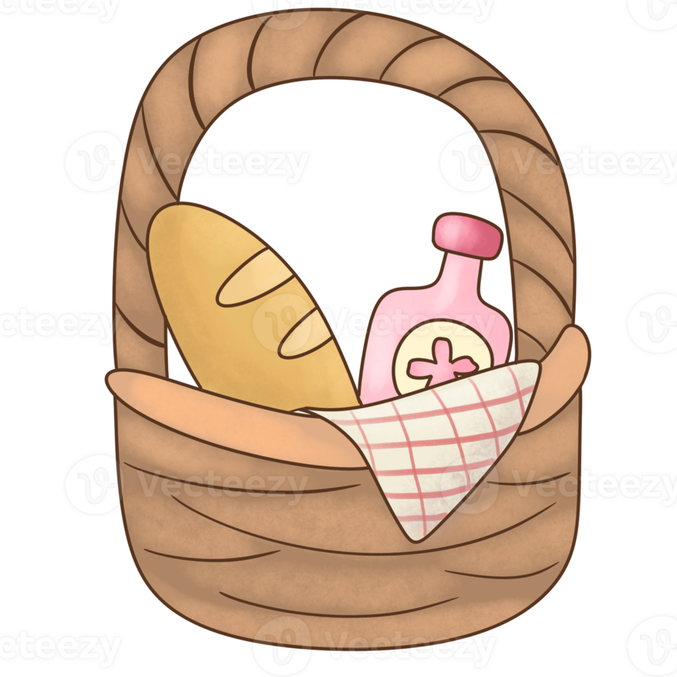 A picnic basket with bread and sakura soda , cherry blossom soda. png