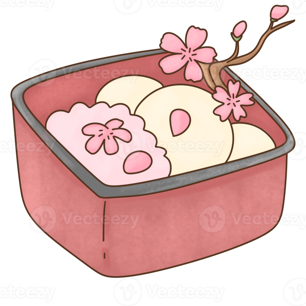 A bento box with rice balls wrapped in sakura leaves and sprinkled with sakura petals. png