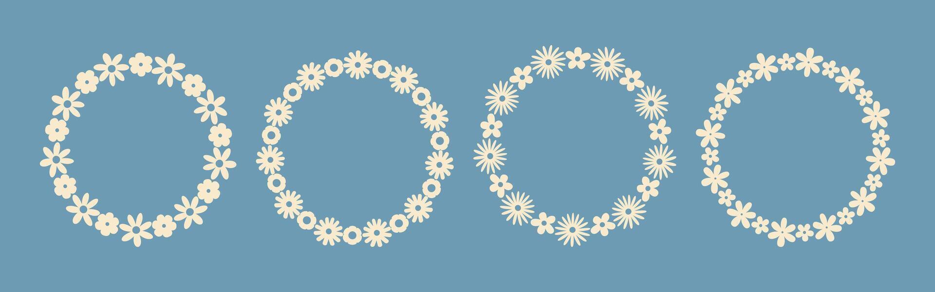 Groovy floral circle frame set with simple flowers in a minimalist style on a blue background. Hand drawn botanical wreaths, perfect for wedding invitations, cards, logos, and decorative design projec vector