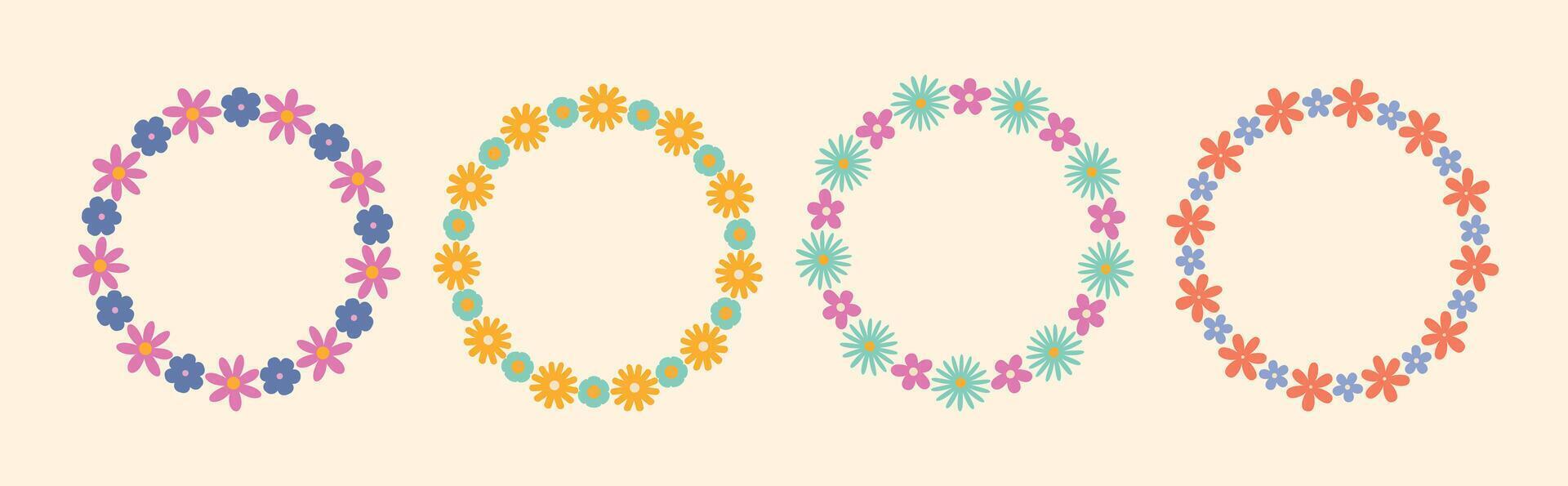 Set of groovy floral circle frames in a simple, minimalist style. Botanical wreaths with bright retro flowers. illustrations perfect for wedding invitations, cards, logos, and decorative design vector