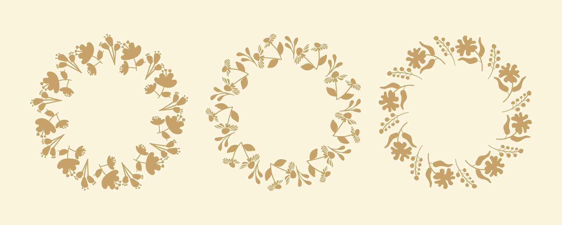 Set of floral circle frames. Simple frames.Hand drawn botanical wreaths featuring branches, leaves, and flowers. Isolated illustrations, perfect for wedding invitations, cards, poster templates. vector