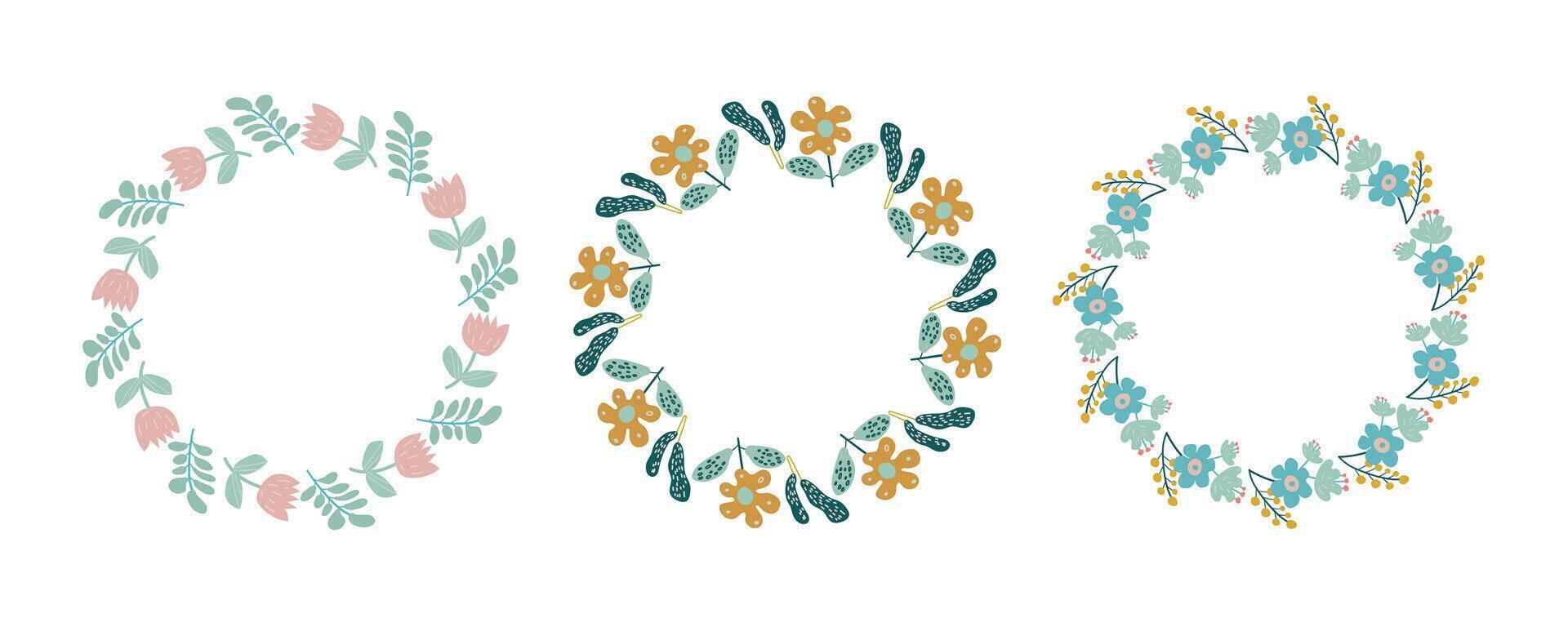 Spring floral circle frame set. Hand drawn botanical wreaths featuring branches, leaves, and flowers.Isolated illustrations perfect for wedding invitations, cards, and logos. vector