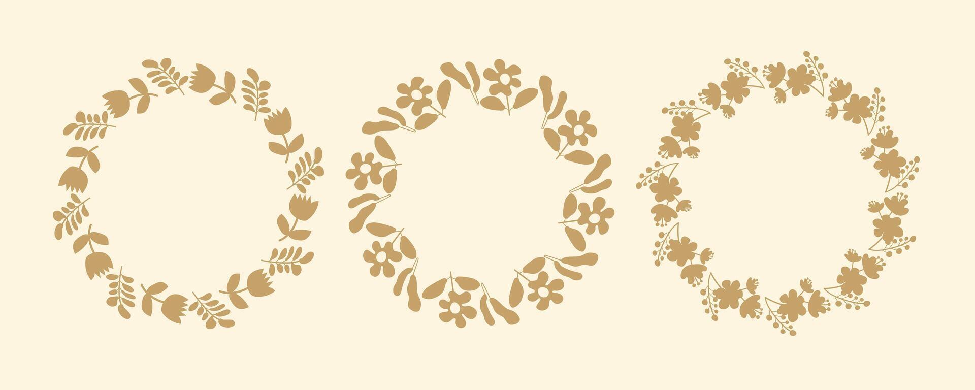 Hand drawn botanical wreaths featuring branches, leaves, and flowers.Set of simple floral circle frames.Isolated illustrations, perfect for wedding invitations, cards, poster templates. vector
