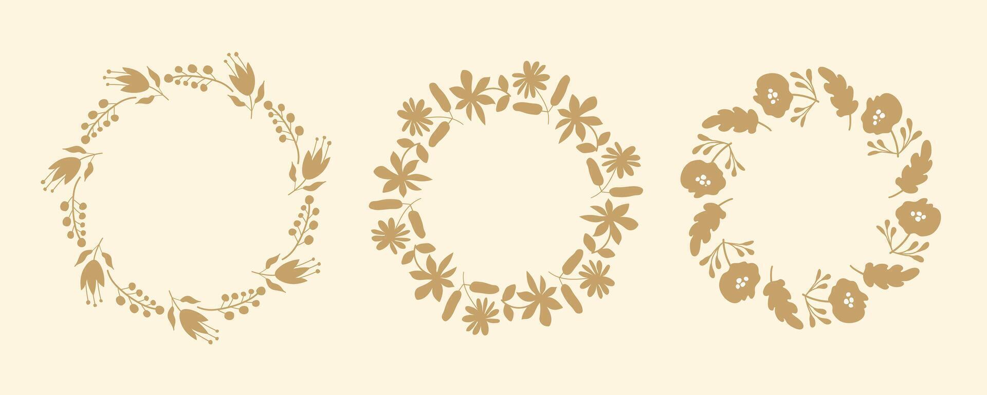 Set of floral circle frames. Hand drawn botanical wreaths featuring branches, leaves, and flowers. Isolated illustrations, perfect for wedding invitations, cards, poster templates vector