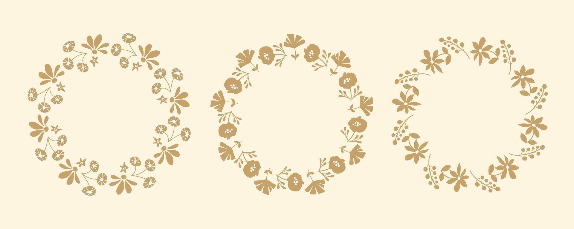Set of simple floral circle frames. Hand drawn botanical wreaths featuring branches, leaves, and flowers. Isolated illustrations, perfect for wedding invitations, cards, poster template vector