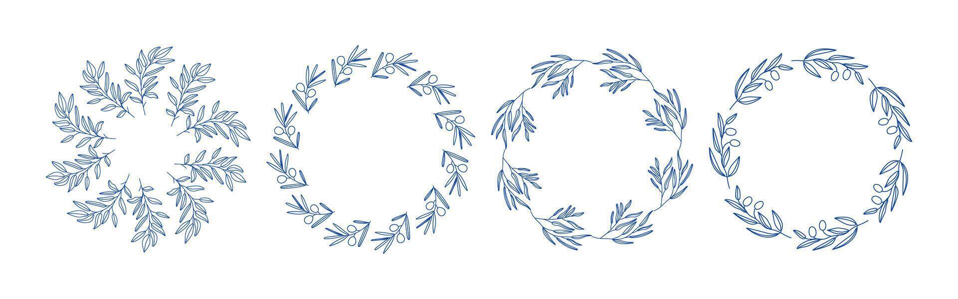 Blue olive branches circle frame set. Hand drawn collection of olive leaves and decorative elements. Circular frames with branches. Perfect for wedding invitations, cards, logo design, and posters vector