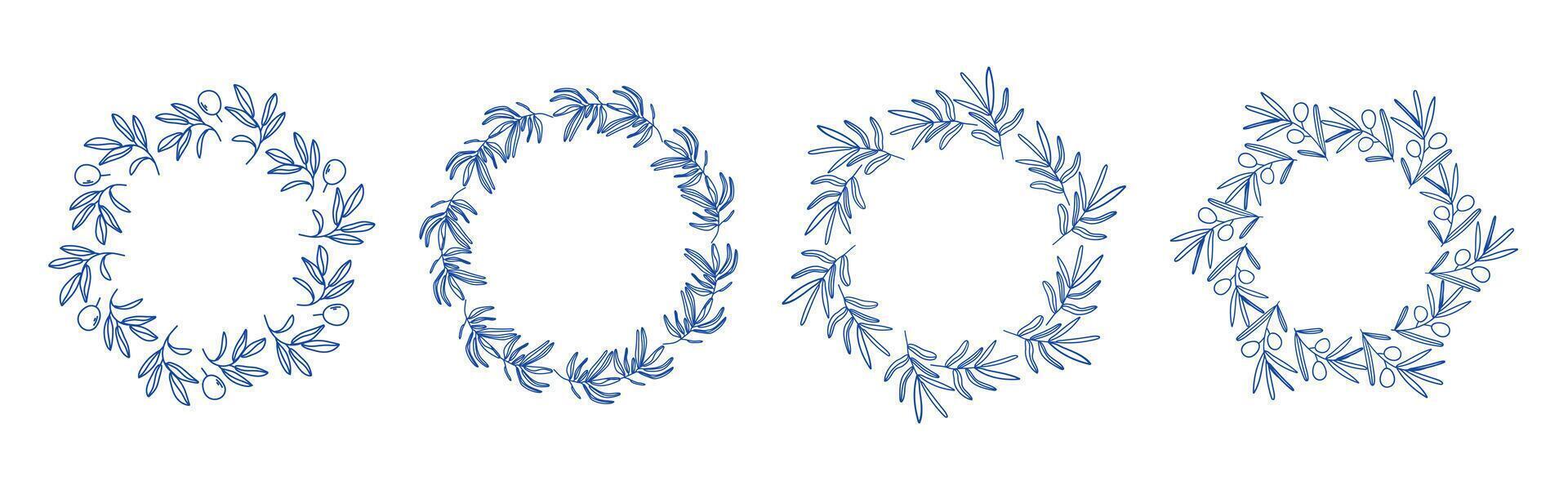 Blue olive branches circle frame set. Circular frames with branches. Hand drawn collection of olive leaves and decorative elements. Perfect for wedding invitations, cards, logo design, vector