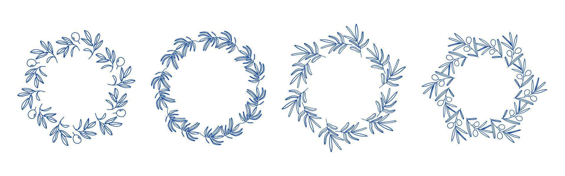 Blue olive branches circle frame set. Circular frames with branches. Hand drawn collection of olive leaves and decorative elements. Perfect for wedding invitations, cards, logo design, and pos vector