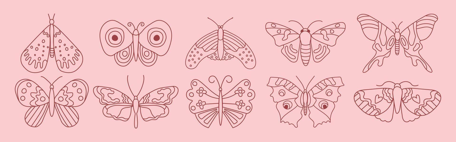 Trendy butterfly set. A collection of various butterfly designs on a pink background. Red outline, featuring different styles and sizes. vector