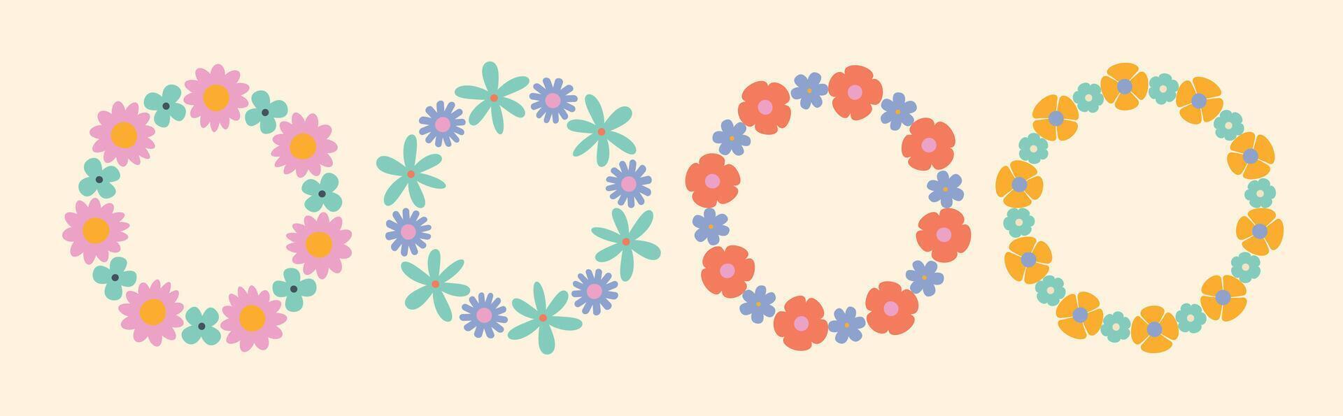 Set of groovy floral circle frames in a simple, minimalist style. Botanical wreaths with bright retro flowers. Illustrations perfect for wedding invitations, logos, and decorative design vector