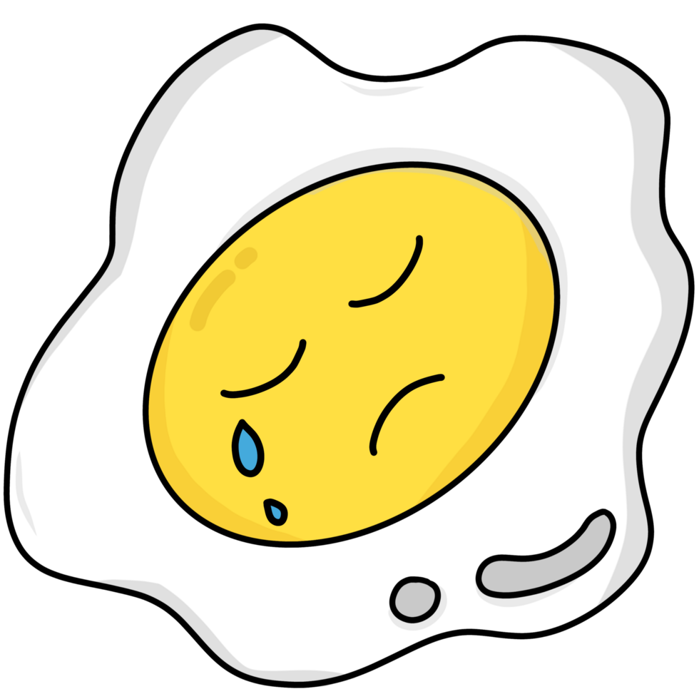 hand drawn cartoon of a fried egg with a crying face png