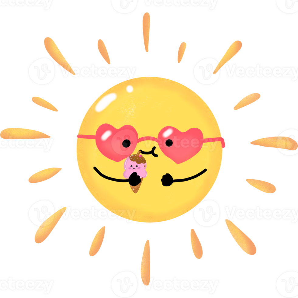Cute cartoon sun holding ice cream, Summer festival png