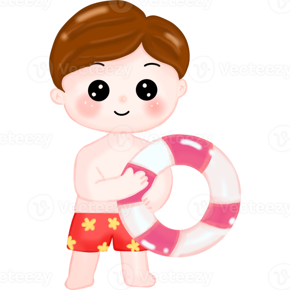 A boy in a swimsuit holding a lifebuoy png