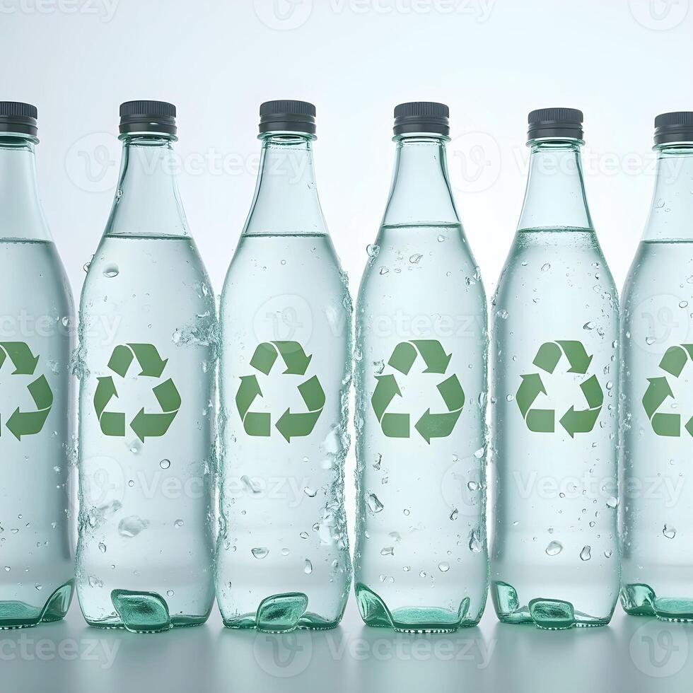 Six clear glass bottles filled with water, each displaying a green recycling symbol photo