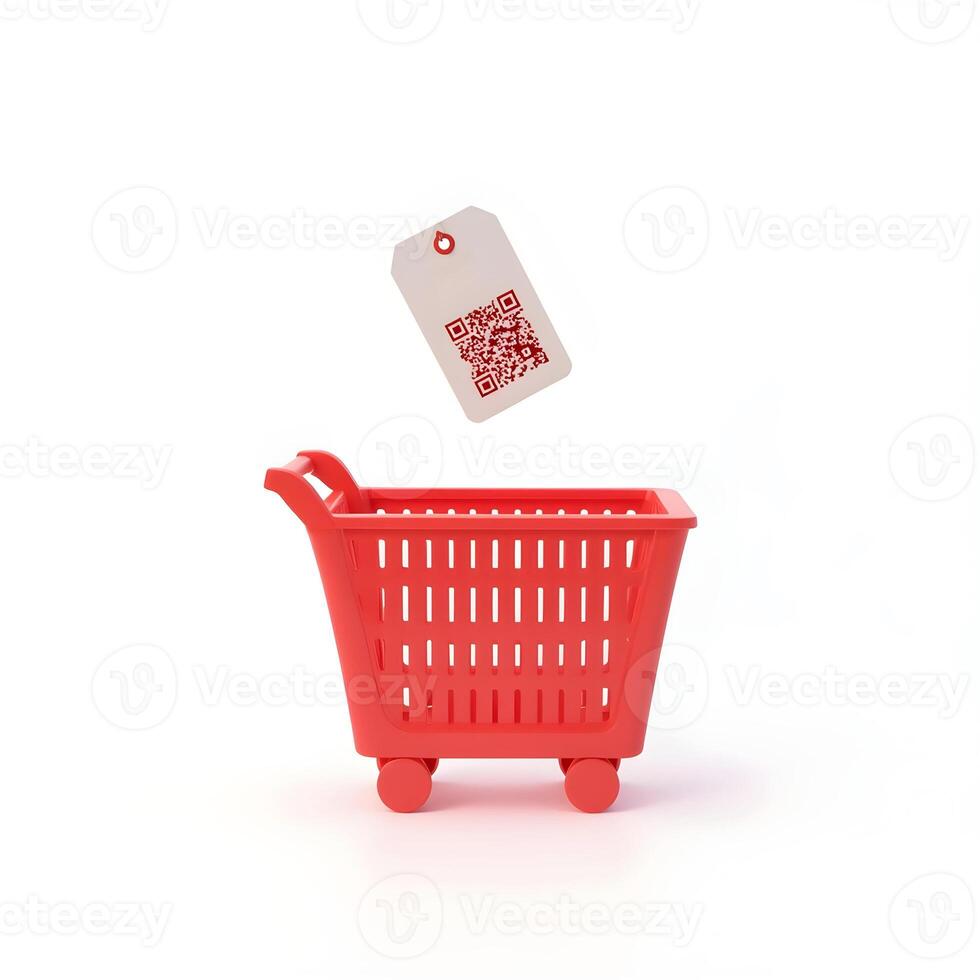 shopping basket with gray handles and a white tag featuring a QR code is isolated photo