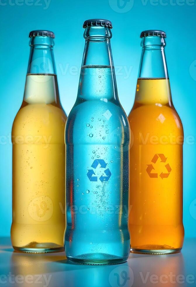 Three plastic bottles, each filled with colored liquid yellow, blue, and orange, stand against a blue background. Each bottle has a recycling symbol on it photo