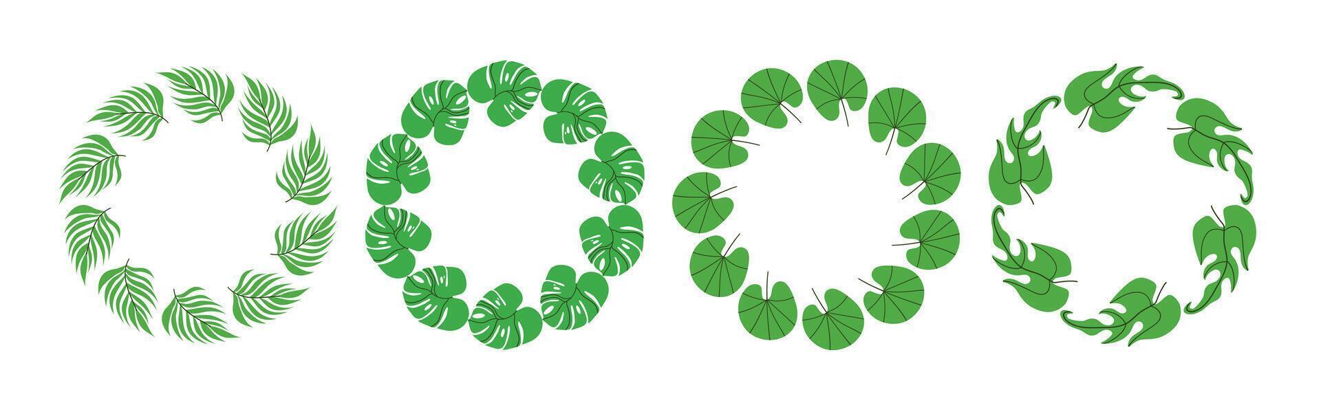 Set of round frames made of tropical leaves. Decoration template for cards, wedding invitations and birthday greetings. Simple natural leaf design. vector