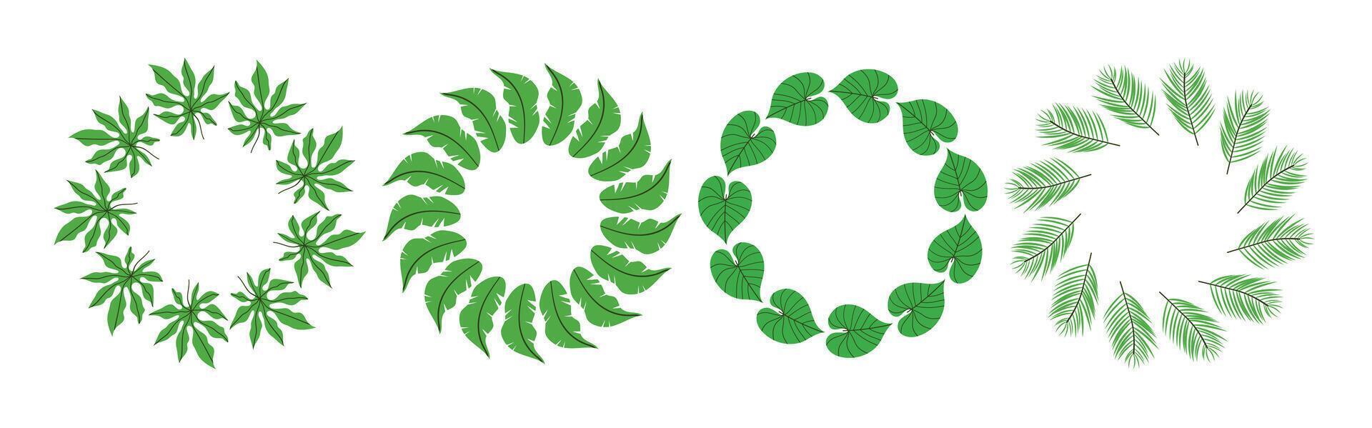 Set of round frames made of tropical leaves. Decoration template for cards, wedding invitations and birthday greetings. Simple natural leaf design vector
