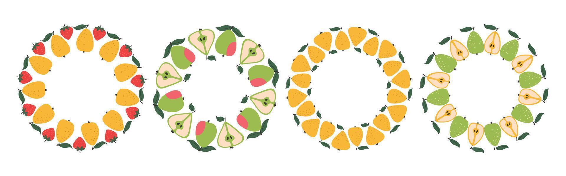 Circular fruit frame set with pears design and copy space. Hand drawn doodle border. Suitable for summer posters, banners, invitations, packaging, and branding. vector