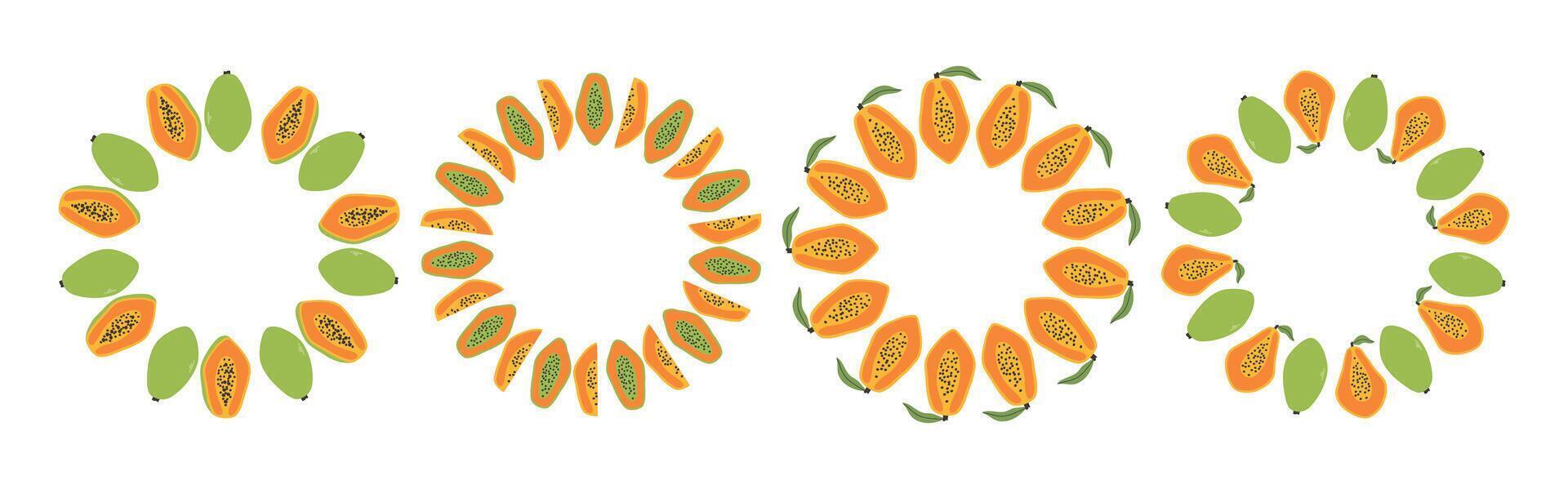 Fruit frame set. Papaya design template with copy space. Circular template. Hand drawn doodle border. Suitable for summer posters, banners, invitations, packaging and branding. vector