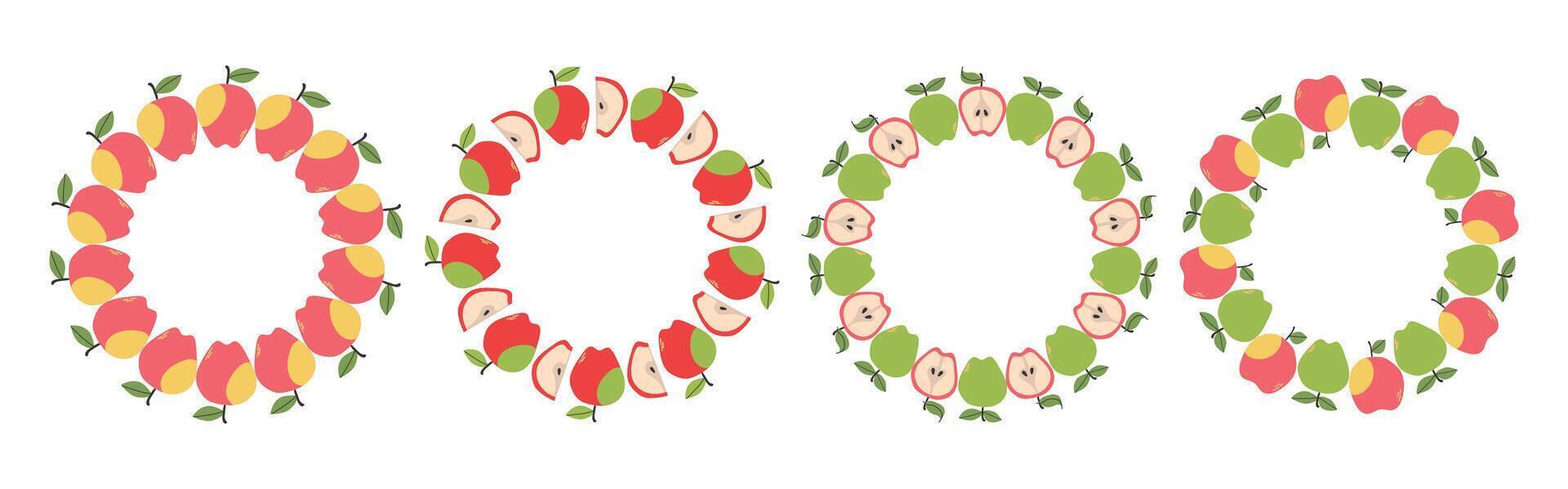 Circular fruit frame set with apple design and copy space. Hand drawn doodle border. Suitable for summer posters, banners, invitations, packaging, and branding. vector
