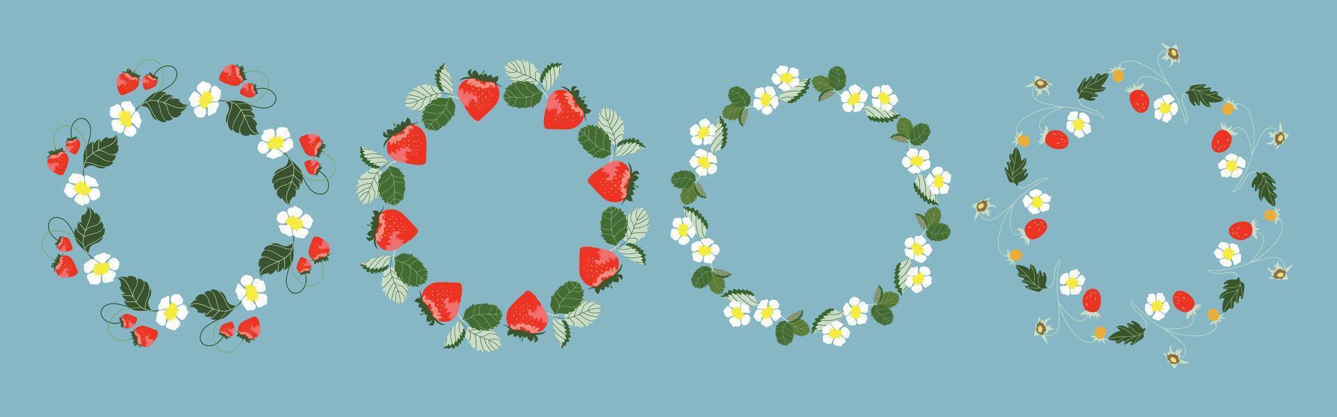 Fruit themed circular frame set. Strawberry inspired design with copy space. Hand drawn doodle style border. Perfect for summer posters, banners, covers, invitations, packaging, and branding. vector