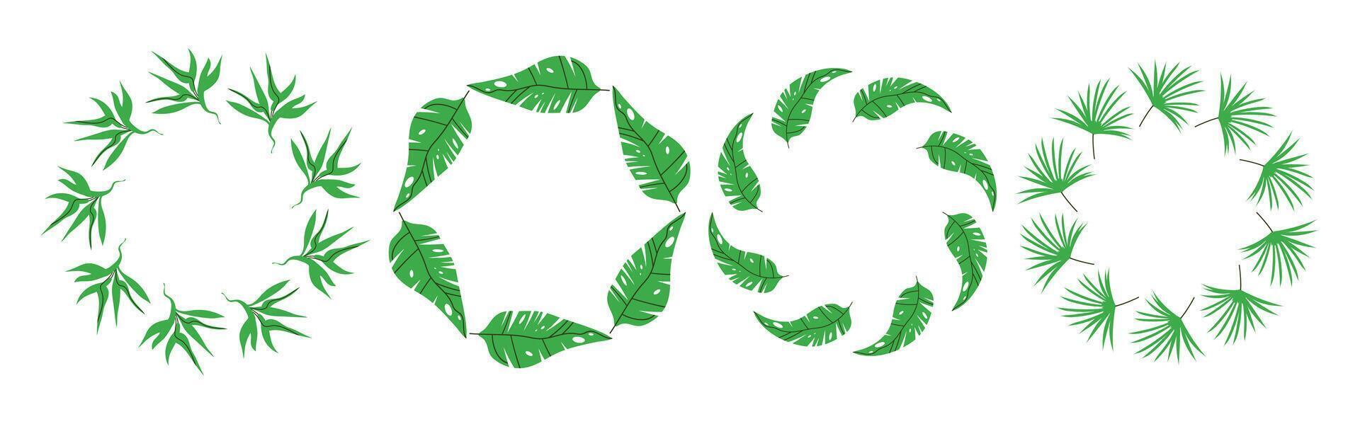 Set of round frames made of tropical leaves. Simple natural leaf design. decoration template for cards, wedding invitations and birthday greetings. vector
