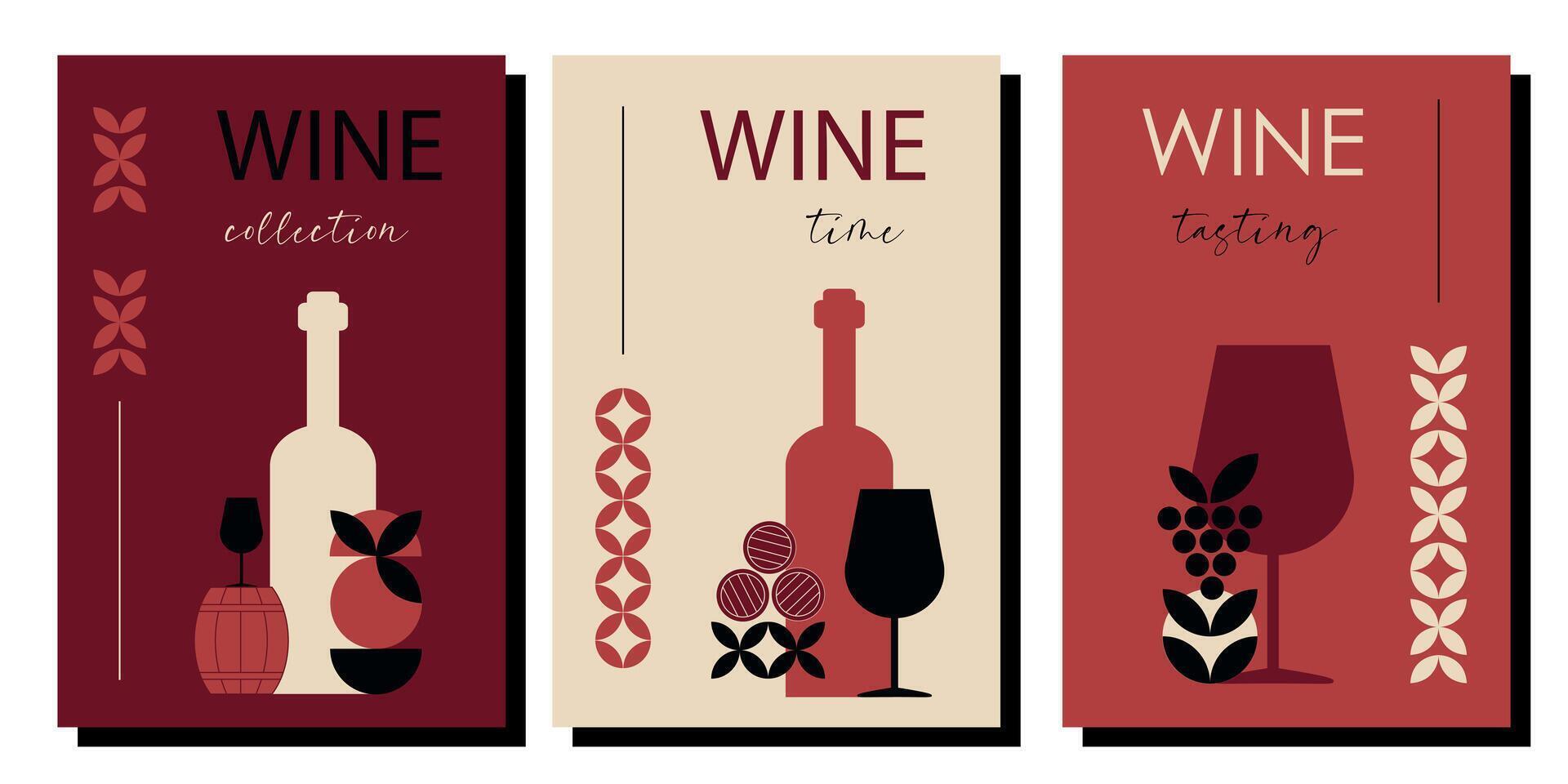 Set of WINE minimalist posters. Abstract geometric wine banner. Wine list, wine tasting, invitation for an event, festival, party. Wine tasting concept. vector